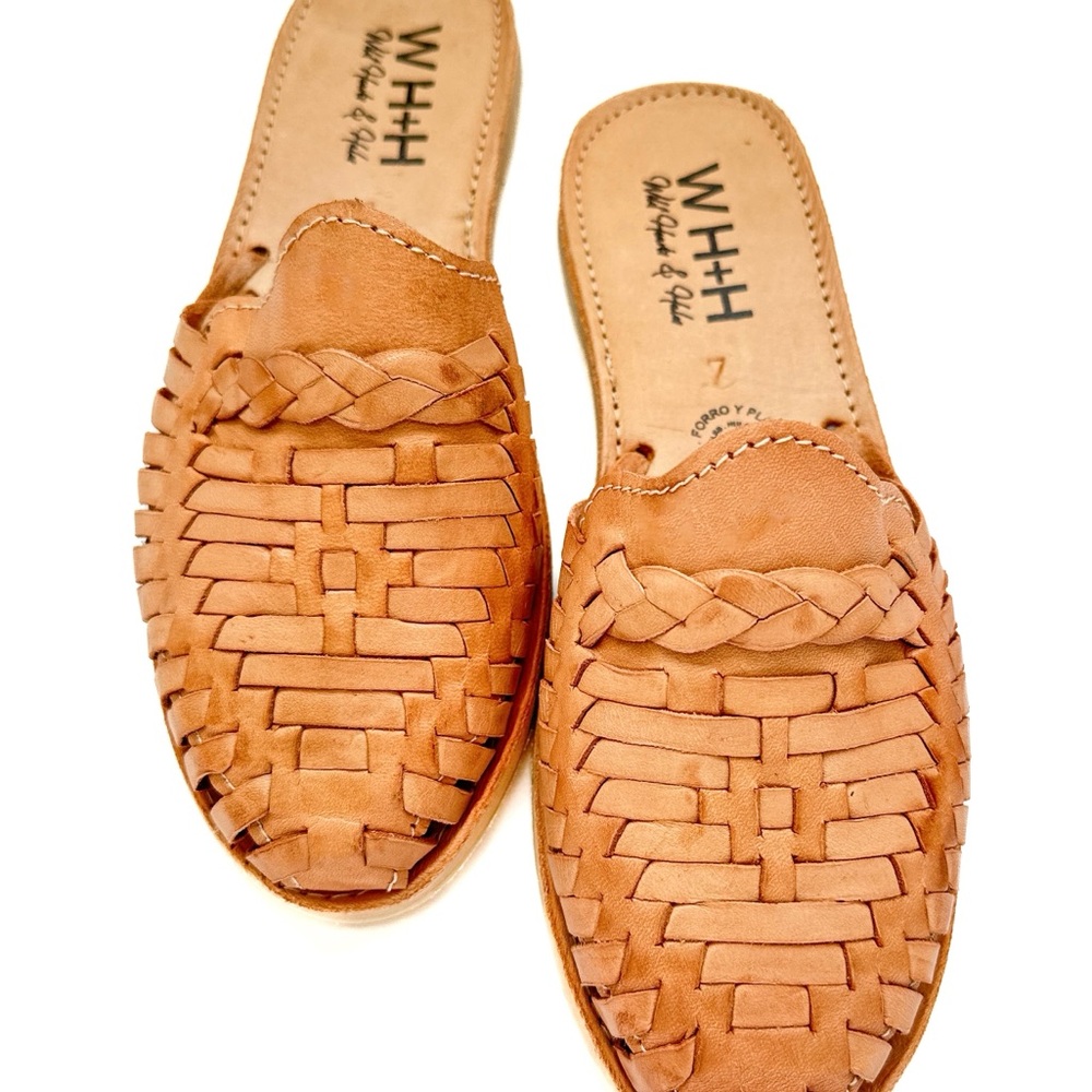 Women’s Tan Woven Leather Huarache Slip-On Sandals
